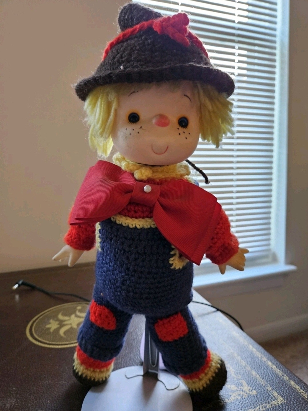Vintage Handmade Scarecrow Doll – Crocheted Fall Décor – Plastic Face Yarn Doll